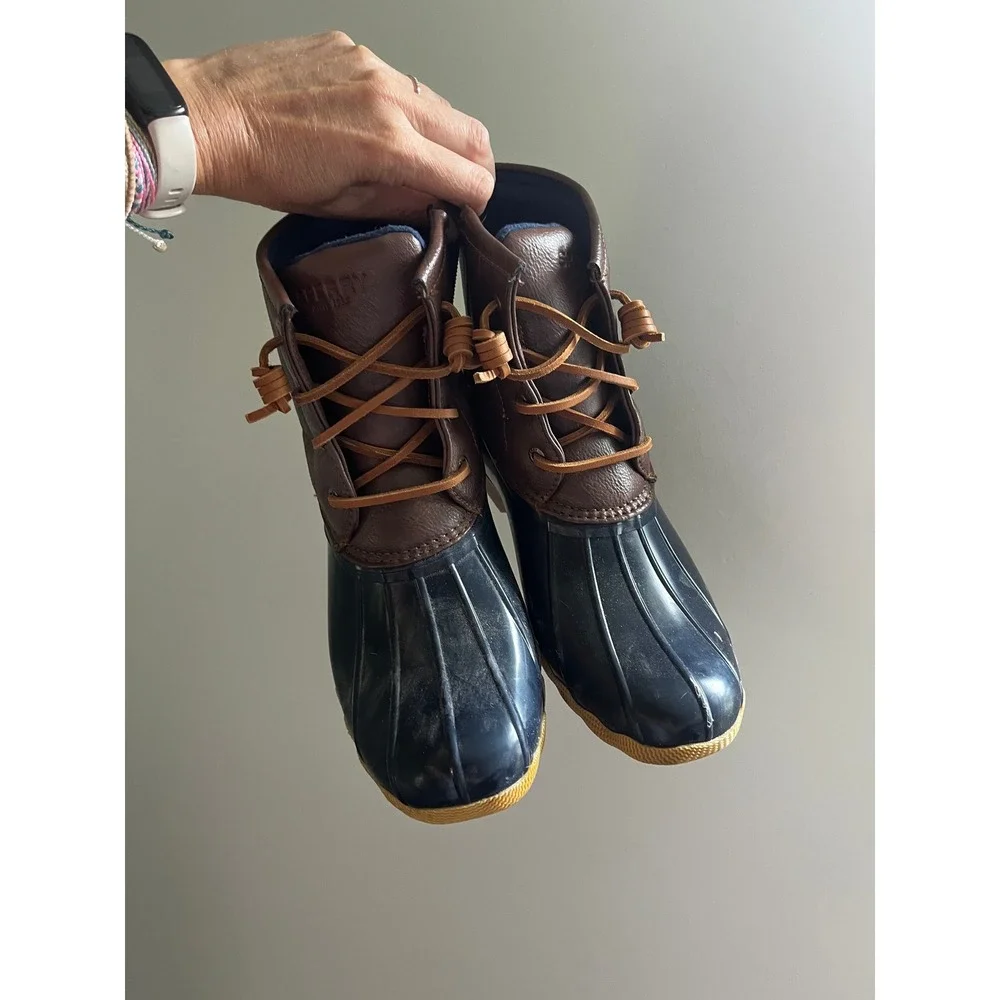 Sperry Saltwater Duck Boots Navy Brown Side Zip Womens 5 / 37 Rain Snow Gorpcore